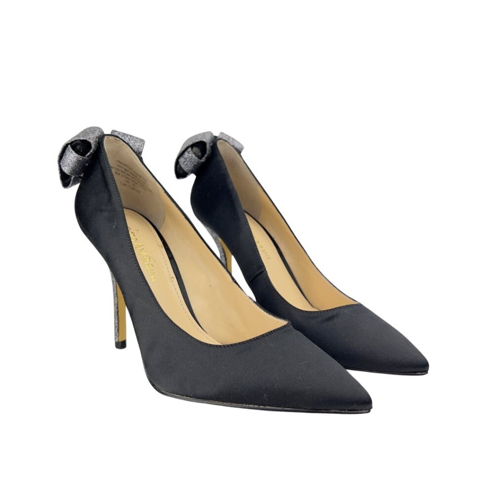Black Satin Pumps with Silver Glitter Heels and Bow